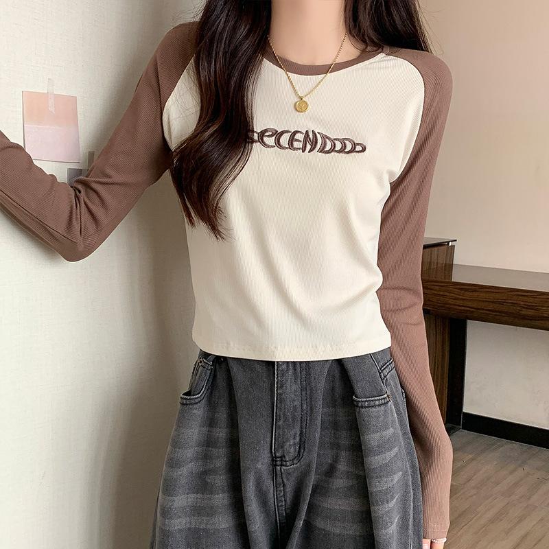 

Осенние топы для женщин, новые футболки с длинными рукавами с рисунком, вышитые буквы в цветных блоках, высококачественные внутренние рубашки XL