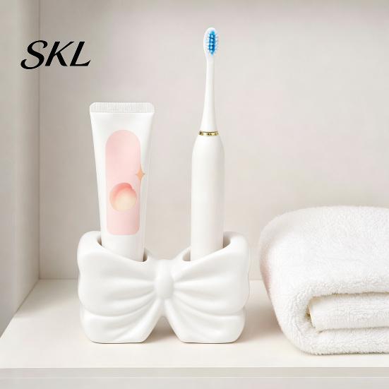 Double Hole Bathroom Holder 3D Printed Bow Toothbrush Holder, Adhesive Cup with Dual Holes for Counter Organizer & Toothpaste, Cute Decor, Minimalist