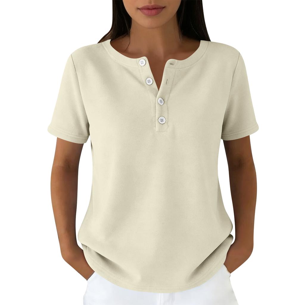 Lässiges Damen-T-Shirt in verschiedenen Farben, V-Ausschnitt, kurzen Ärmeln und Zierknöpfen.