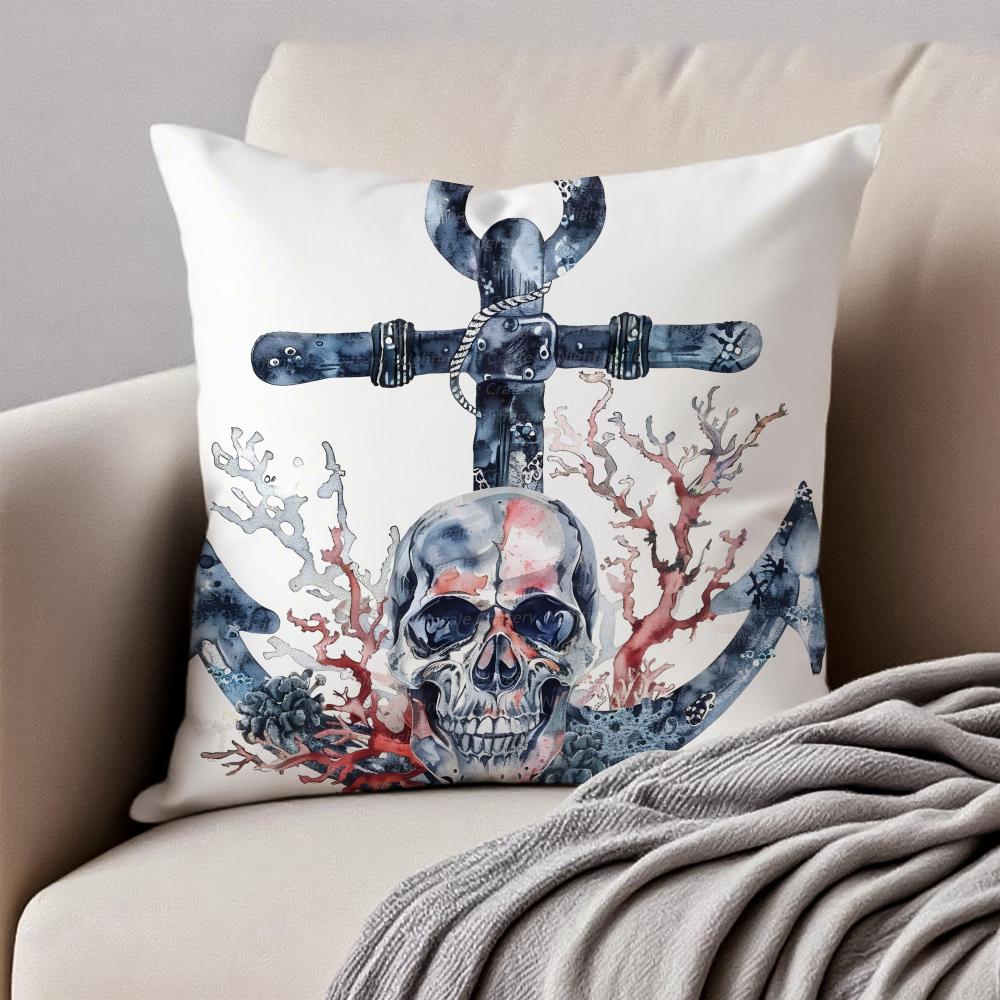 MMarine Theme Rudder Anchor Pillow Nautical Cushion Cover Pillowcase Antidustmite Invisible Zipper Short Plush Sofa Cushion