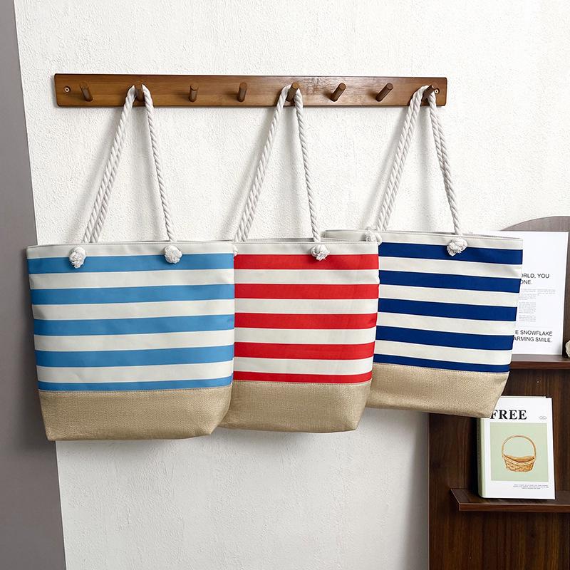 Chic Striped Canvas Tote Bag - Large Capacity for Shopping & Beach