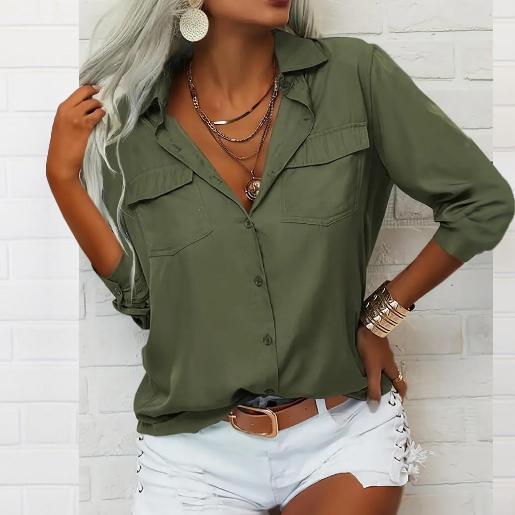 

Long Sleeve Linen Shirts For Women Button Down Loose Solid Color Blouse Lightweight Casual Lapel Tunic Tops L армія зелений колір