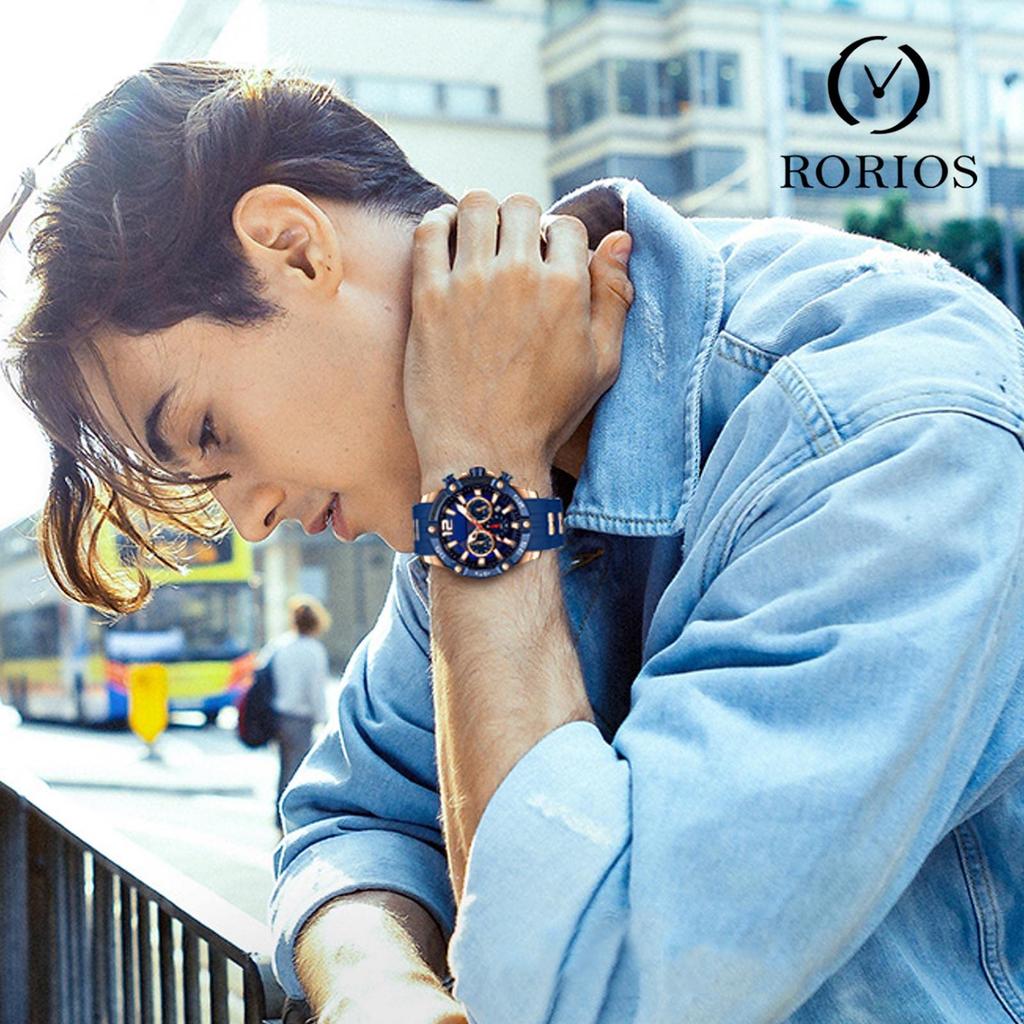 RORIOS Męski Stylowy Chronograf Z Kalendarzem i Wyświetlaczem Daty, Luminescencyjny Wyświetlacz, Wodoodporny, Analogowy Mechanizm Kwarcowy z Wieloma Wskazówkami, Popularny dla