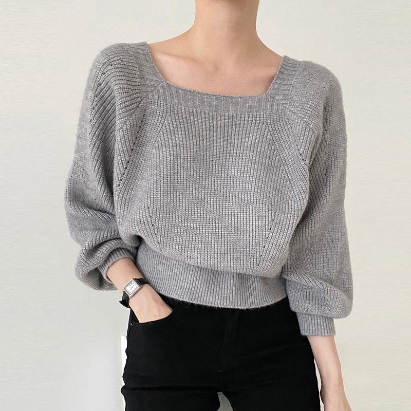 Women's Thick Knit Sweater: 2023 Autumn/Winter, Square Collar, Lantern Sleeves, Loose Fit.