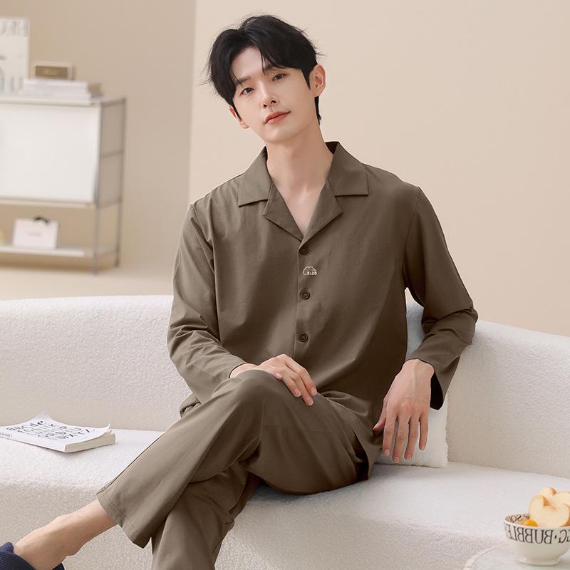 Couple pajamas pure cotton long-sleeved spring and autumn women's simple casual men's comfortable cardigan cotton loungewear set