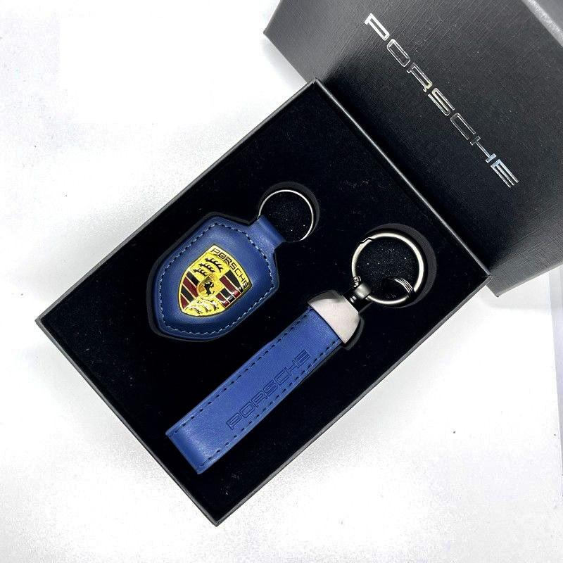 

Car Keychain Holder Shield Leather Key Ring Chain Pendant Gifts For Porsche Macan 911 718 Taycan Panamera Cayenne Boxster Cayman синій