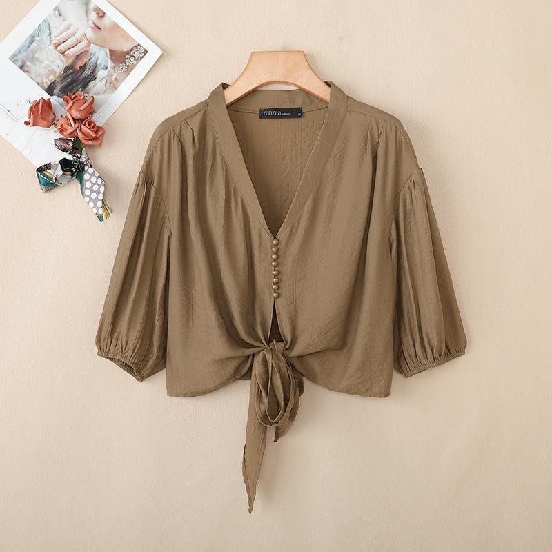 

ZANZEA Женская блузка с V-образным вырезом, однотонная, повседневная, с рукавом три четверти XL хаки