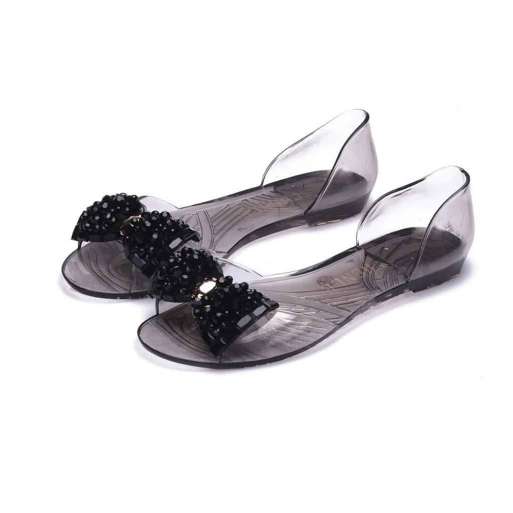 Damskie Nowe Przezroczyste Sandały PVC Lato Płaskie Buty Galaretki Szklany Diament Kokarda Buty Modowe Plastikowe Buty z Odkrytym Palcem