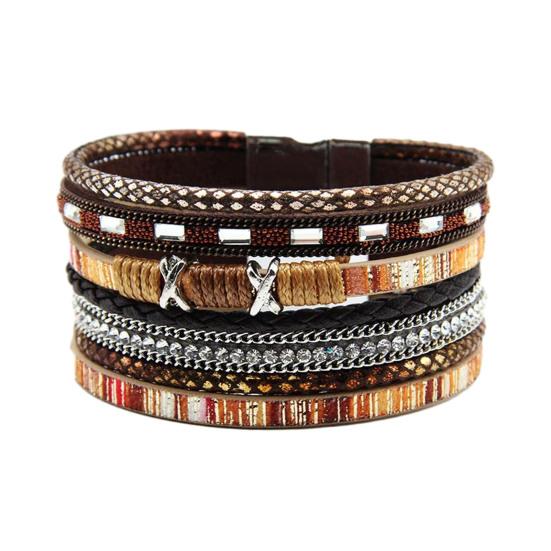 

Braided Bracelet Multi-Layered Bohemian Faux Leather Rope with Square Stones Beads Boho Wrist Accessory коричневий