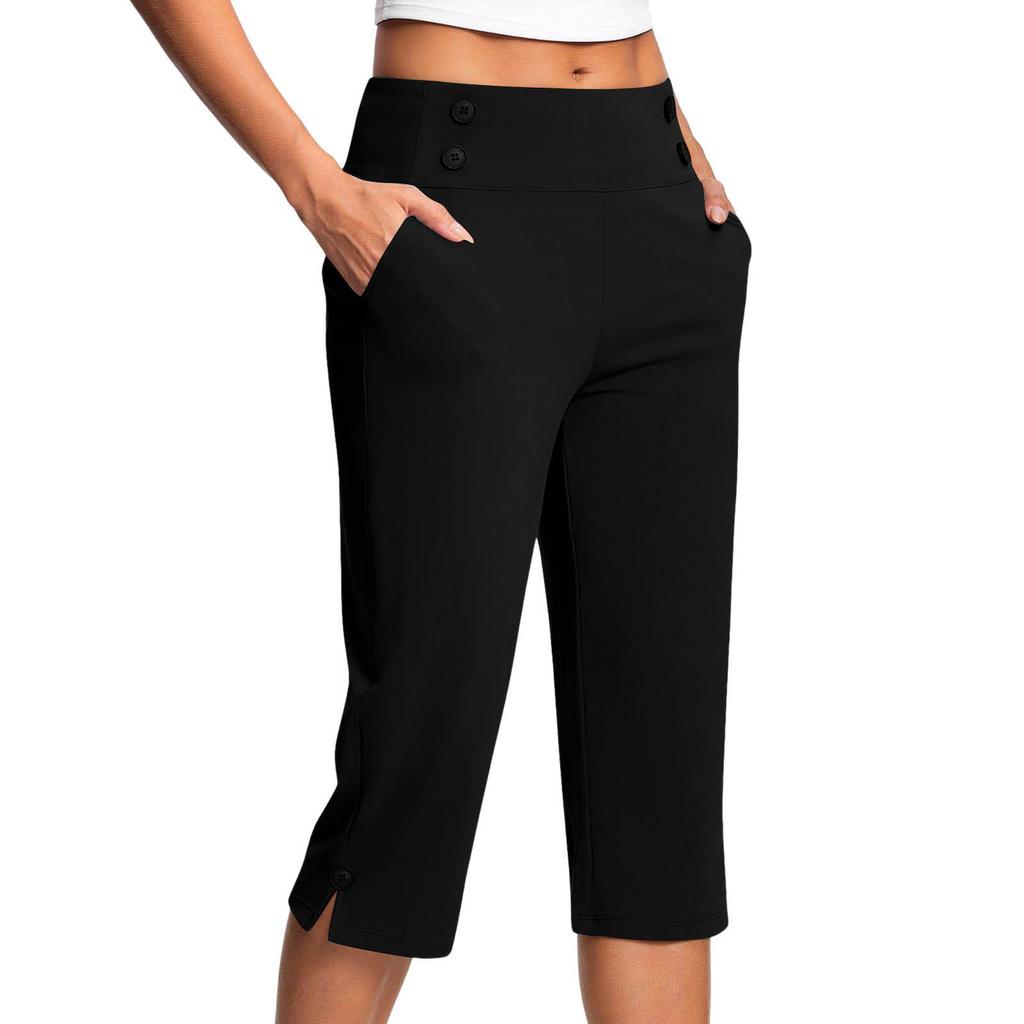 Women's High Waist Straight Leg Capri Pants Casual Solid Color Yoga Cropped Trousers