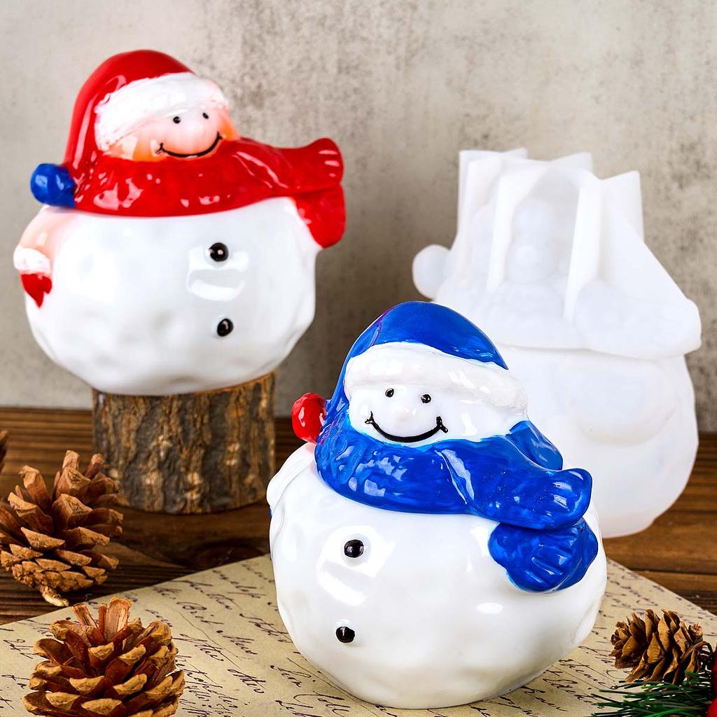 3D Snowman Candle Jar Silicone Mold DIY with Lid Christma Ornament Plaster Molds Concrete Resin Storage Box Craft Making Home De