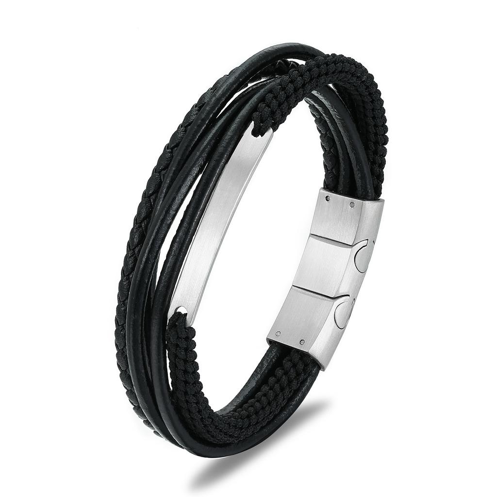 Factory natural stone beaded multi-layer leather rope bracelet men's woven leather men's titanium steel bracelet custom LOGO