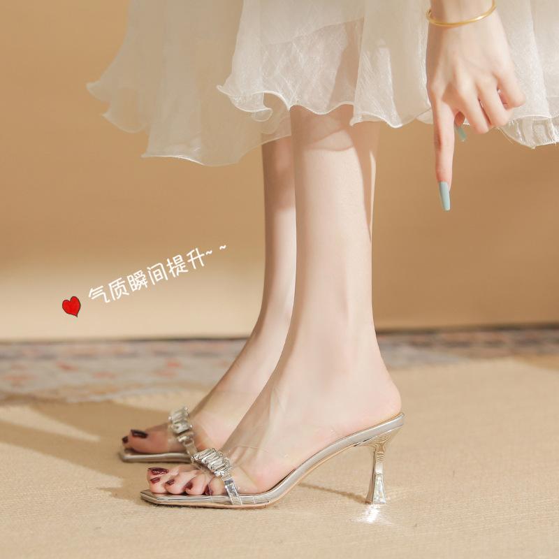 7312 [Sheepskin] Summer slippers women's outer wear 2025 new versatile transparent rhinestone stiletto semi-slippers