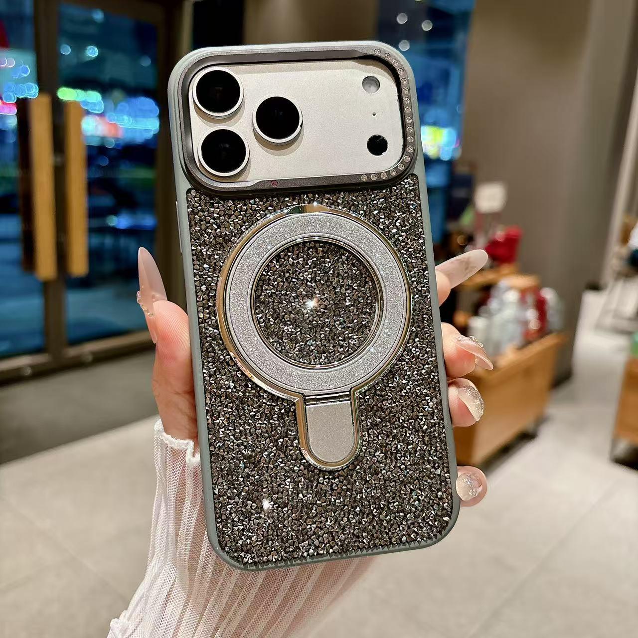 

Rhinestone Glitter Stand iPhone 17 Case: Drop-Proof, Large Hole Design for Apple 16 Women. 13 серый