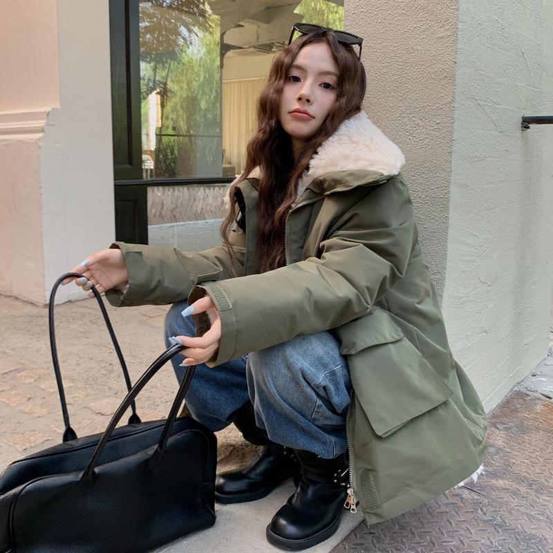 Army green lamb wool cotton-padded clothes women's medium and long winter wind jacket jacket velvet cotton-padded clothes