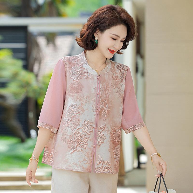 Fashion New Printed New Chinese Style Tops for Women's Chiffon Shirt Short-sleeved T-shirt