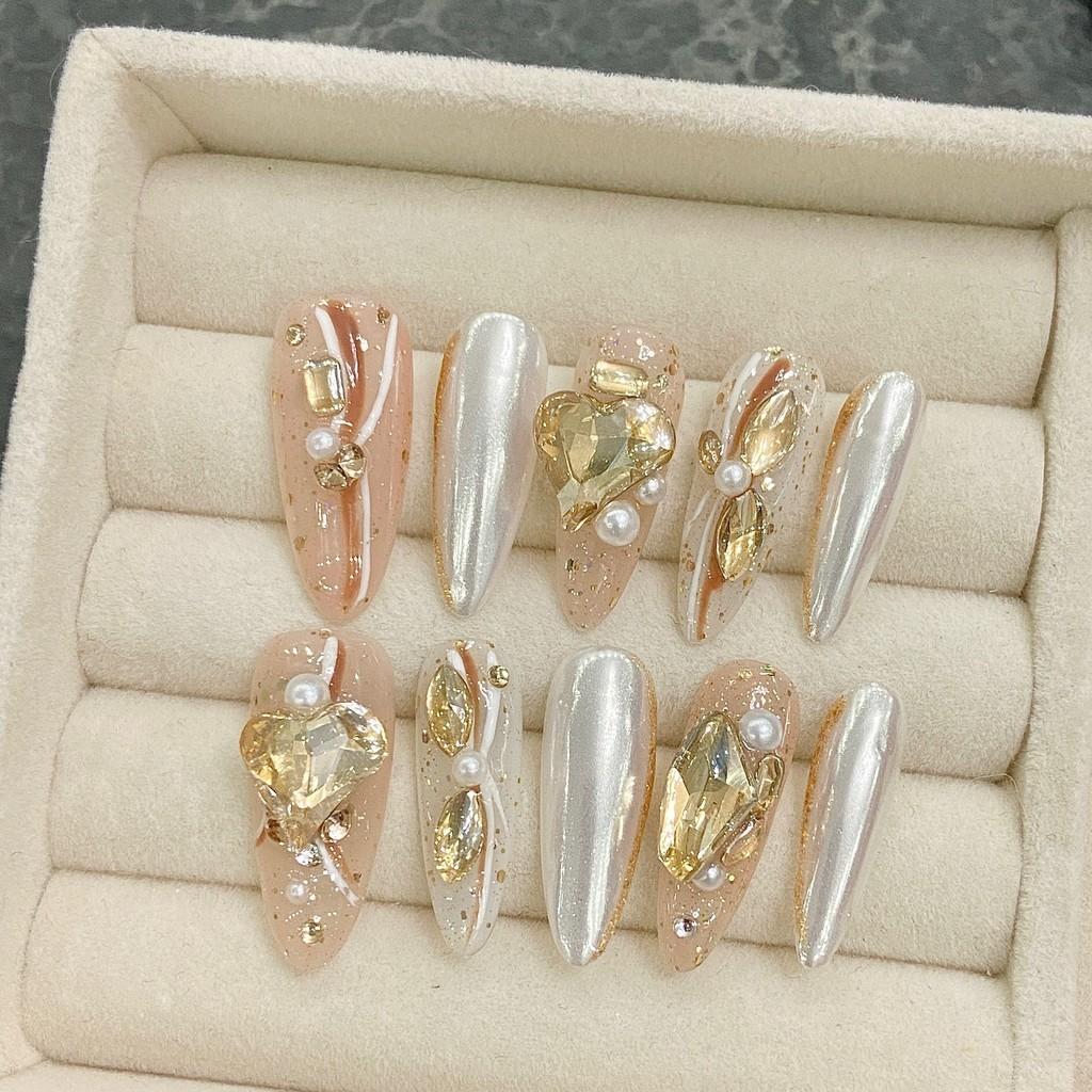 

Искусственные ногти ручной работы, легкие, роскошные, золотистые, кристальные, миндальные, фототерапевтические ногти, шампанское, золото и серебро, накладные ногти в форме сердца, многоразовые и съемные L