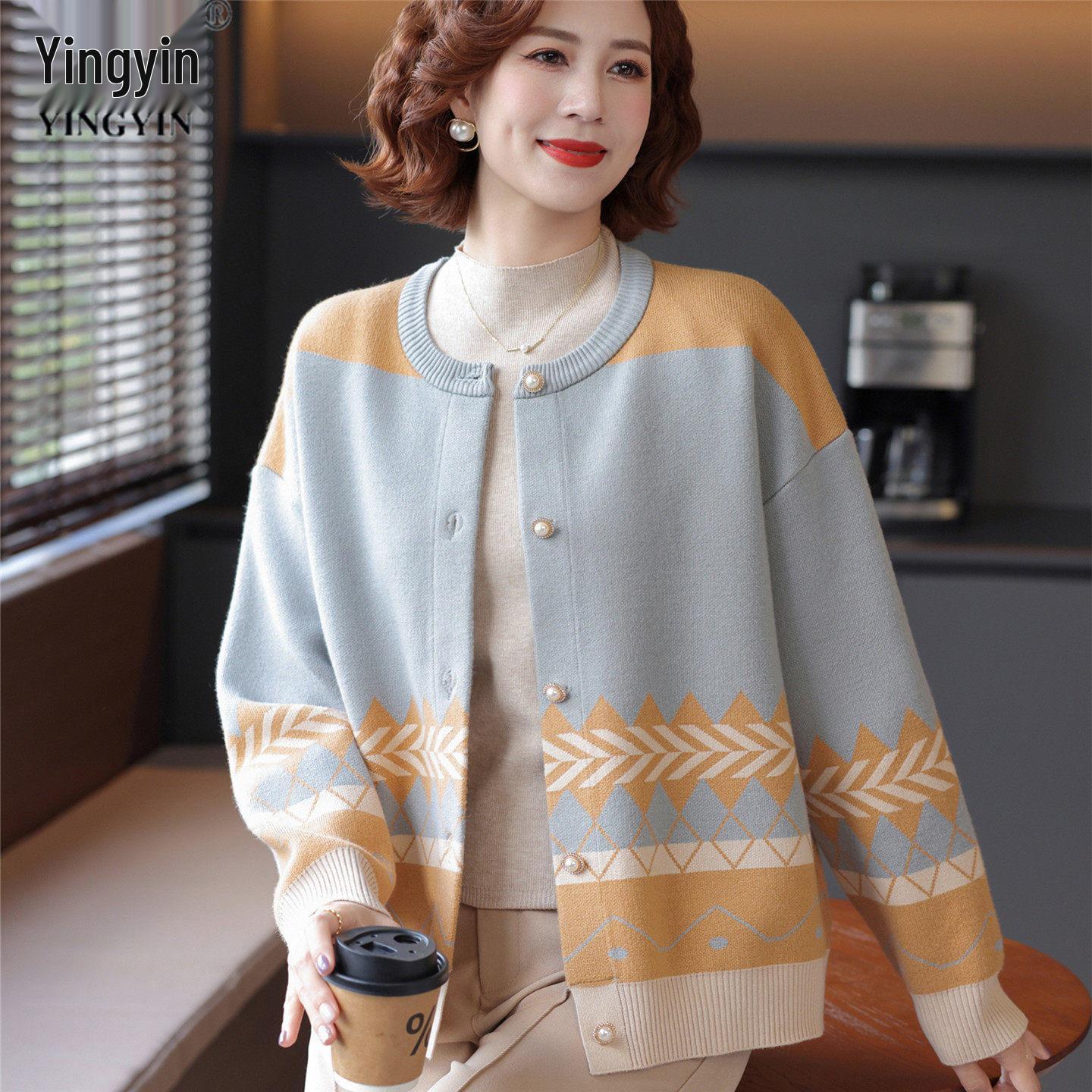 Elegant 2025 Autumn Round Neck Knit Cardigan for Middle-Aged and Elderly Women L (105-115 Jin)