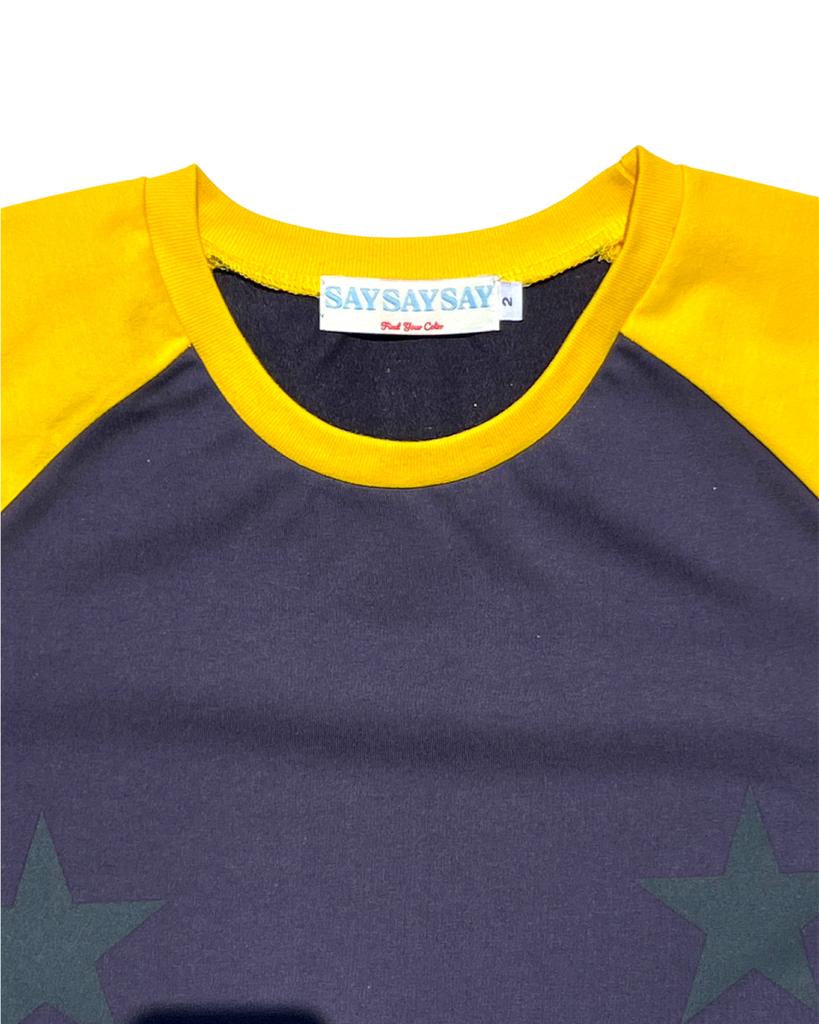 SAYSAYSAY Popping Star Raglan Short Sleeve T-Shirt Navy Yellow