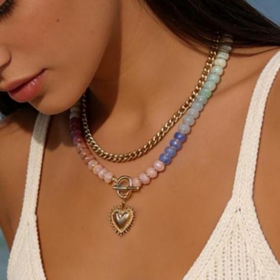 Preppy Aesthetic Beaded Necklace Women Layered Necklace, Heart Pendant Colorful Bohemian Choker Jewelry for Summer Beach Party