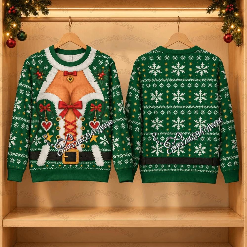 2026 Winter Men and Women's Funny Christmas Ugly Couples Party Santa Body Adult Round Neck Hoodie Men Women Cosplay Sweatshirt