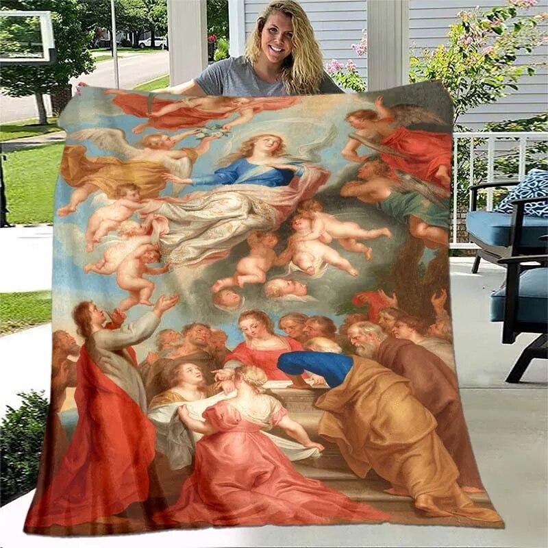 Jesus Jungfrau Maria Prayer Blanket- Lightweight Flannel Throw for Sofa ,Digital Printed Blanket with Soft & Worm Flannel Fabric