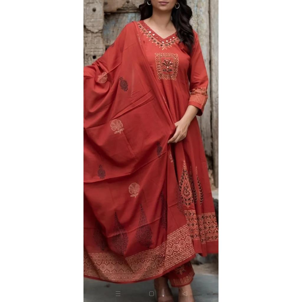 Red Cotton Embroidery Ethnic Kurta Set Indian Women Top Kurti Pant Dupatta Set