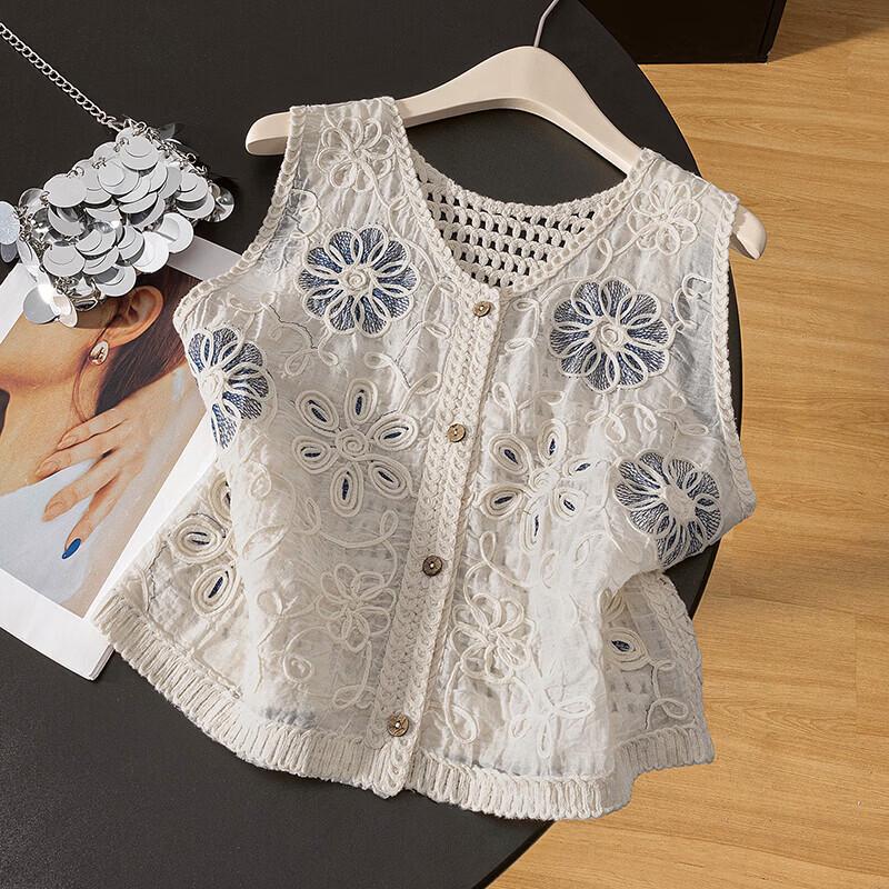 Women's Lyocell Blend Floral Embroidered Cutout V-Neck Vest