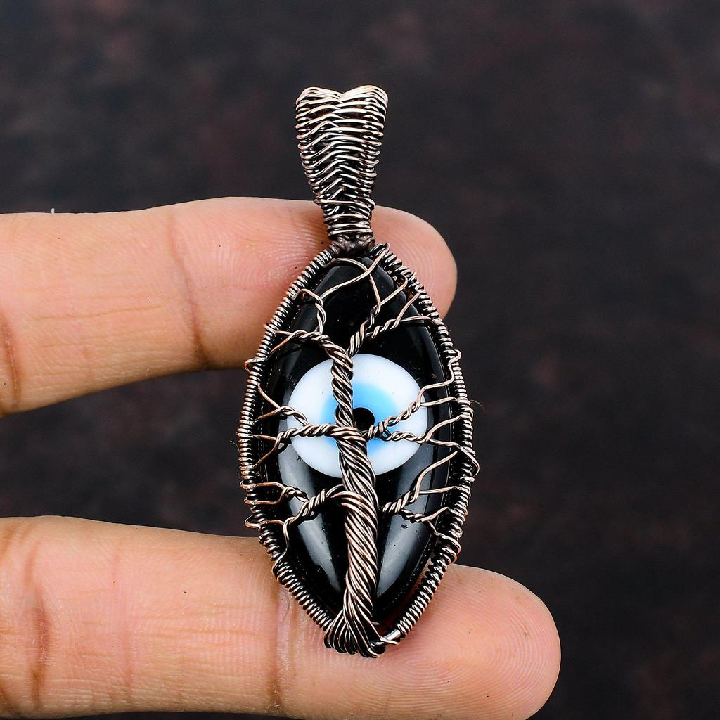 Tree Of Life Black Color Evil Eye Pendant Copper Wire Wrapped Jewelry Gemstone Pendant Copper Wire Pendant Anniversary Gift Handmade Pendant