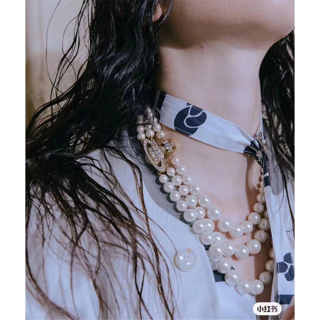 Tooxika Triple Gradient Pearl Magnetic Clasp Saturn Necklace Luxury Collar Chain For Women