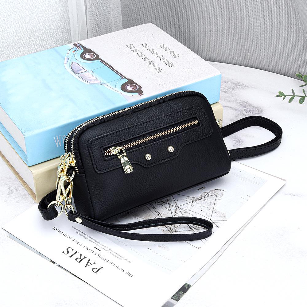 

2026 Women s Leather Crossbody Clutch with Double Zipper чёрный