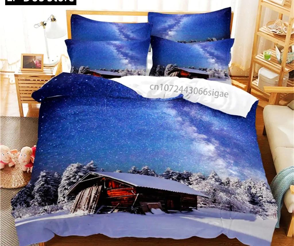 Zestaw pościeli ze sceną zimową Zestaw poszewek na kołdrę Pościel Cyfrowy nadruk Poszewka na kołdrę Rozmiar King Queen Zestaw pościeli Modny design 3-częściowy