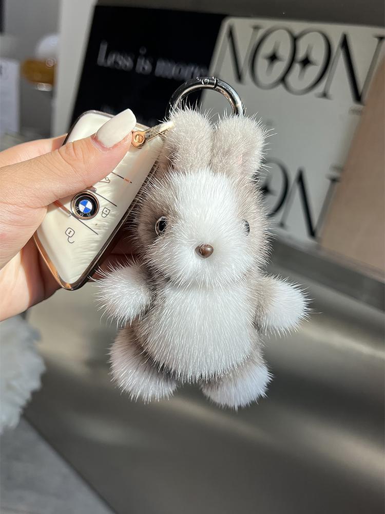 Cute Rabbit Real Mink Fur Key Chains Plush Bunny Toy Girls Schoolbag Charm Ornaments Women Car Keyrings Rearview Mirrors Pendant