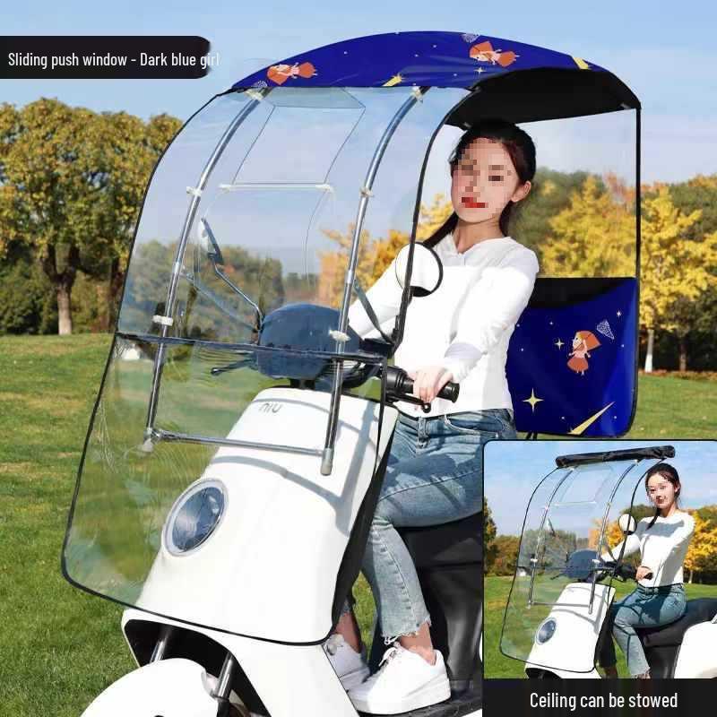 Electric Vehicle Detachable Folding Awning: Retractable Sunshade, Windproof & Rainproof for Pedal Motorcycles.