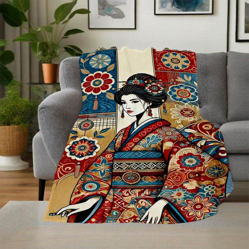 "Japanese Floral Kimono Art Print - Vibrant Traditional Design"Blanket Flannel Throw Blanket for Sofa, Bed, Travel, Camping, Office, Couch,