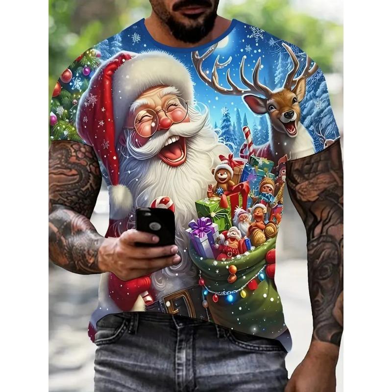 Christmas Men's T-Shirt Cute Santa Claus Pattern Short Sleeve T-Shirt Holiday Fashion Top Tees Casual Comfortable Men's Clothing