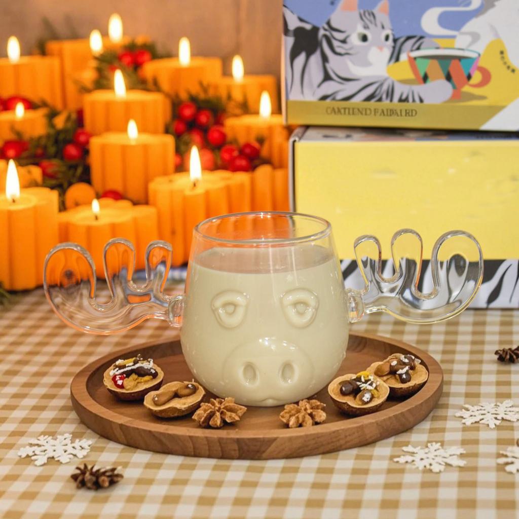 Christmas Sister Transparent High-Borosilicate Glass Cup - Deer-shaped Cup With Antlers - Christmas High-Borosilicate Glass Mug - Transparent - 325ML