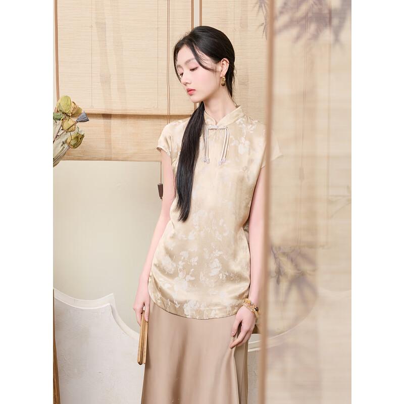 Sancai New Chinese Style Jacquard Stand-up Collar Silk Blend Top