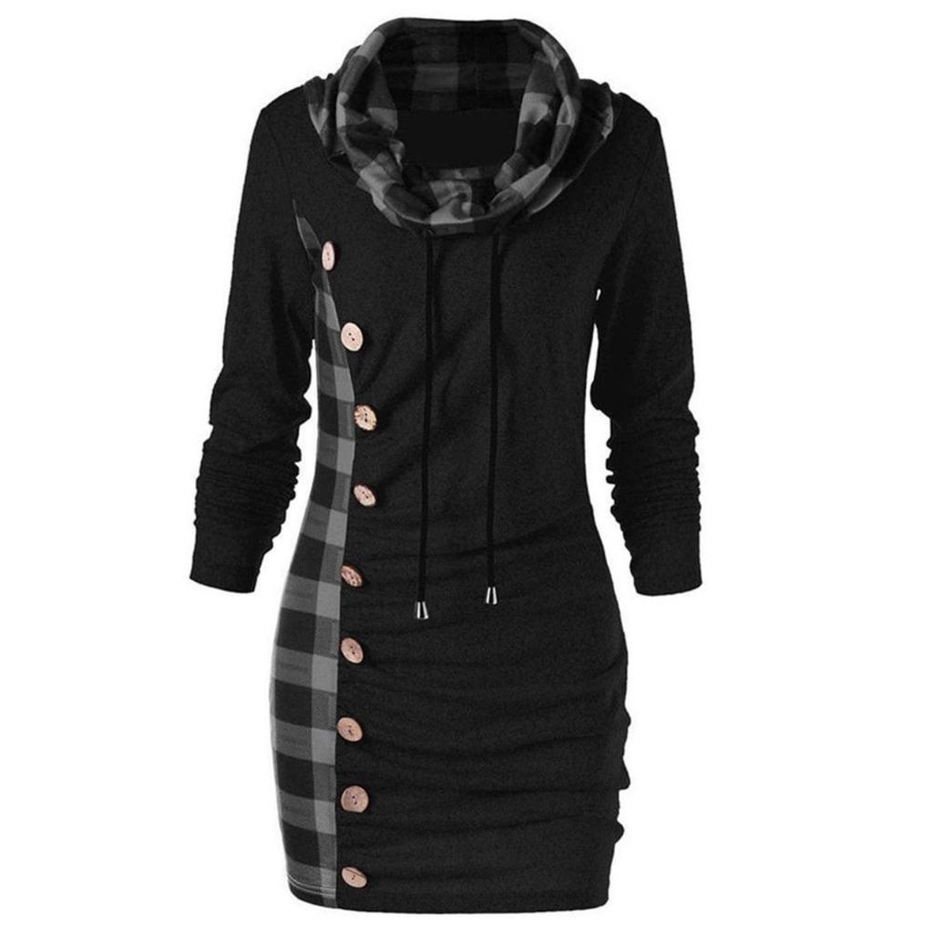 Women Bow-Neck Drawstring Plaid Patchwork Buttons Vintage Long Sweatshirt Top