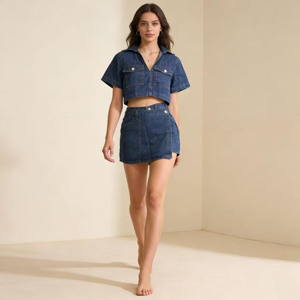European-American Style Workwear Denim Set: V-Neck Short-Sleeve Top and Skirt-Pants for Summer Hot Girl Look