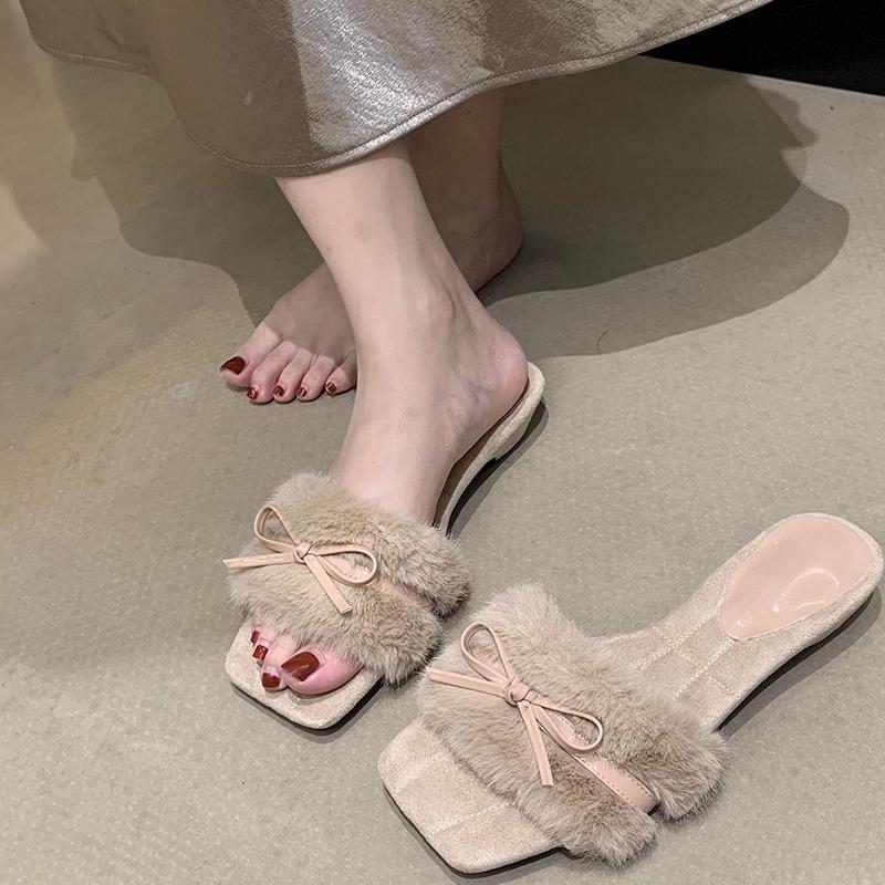 Fashion Autumn Design Furry Women Slippers Fashion Butterfly-knot Open Toe Shoes Ladies Comfort Slides Sandalias ·