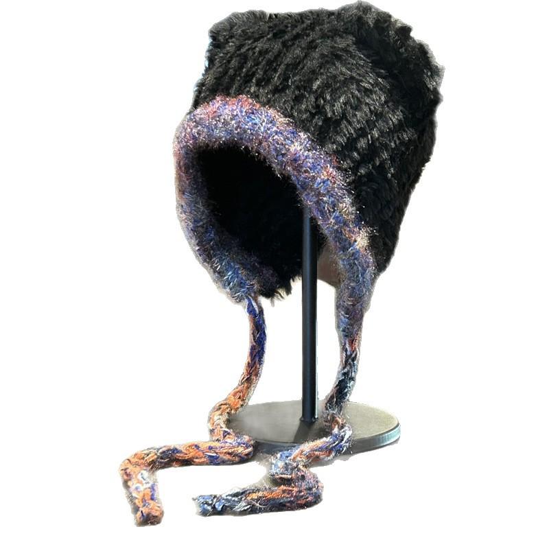 Cute Hat with Velvet and Thickening Autumn and Winter New Style with Face Cartoon Ears Cycling Hat Ear Protection Warm Hat for Women