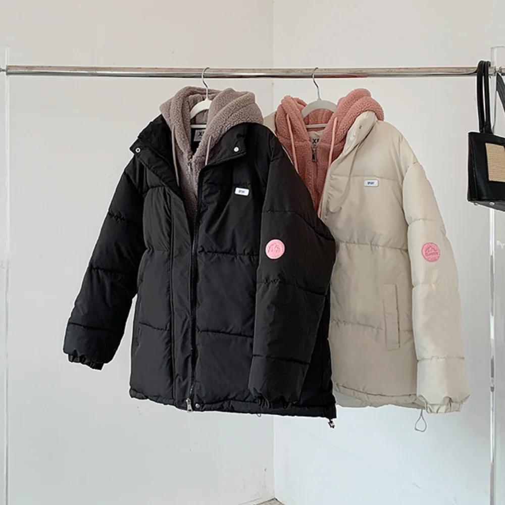 Korean Thicken Puffer Jacket Women Hooded Spliced Lamb Woolen Cotton Padded Coats Female Warm Autumn Winter Short Parkas Mujer