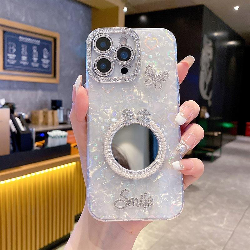 

Applicable To Iphone17Promax Mobile Phone Case Apple 16 Round Pearl Mirror 15 Love 14 All-Inclusive Edge Rhinestone iPhone 11