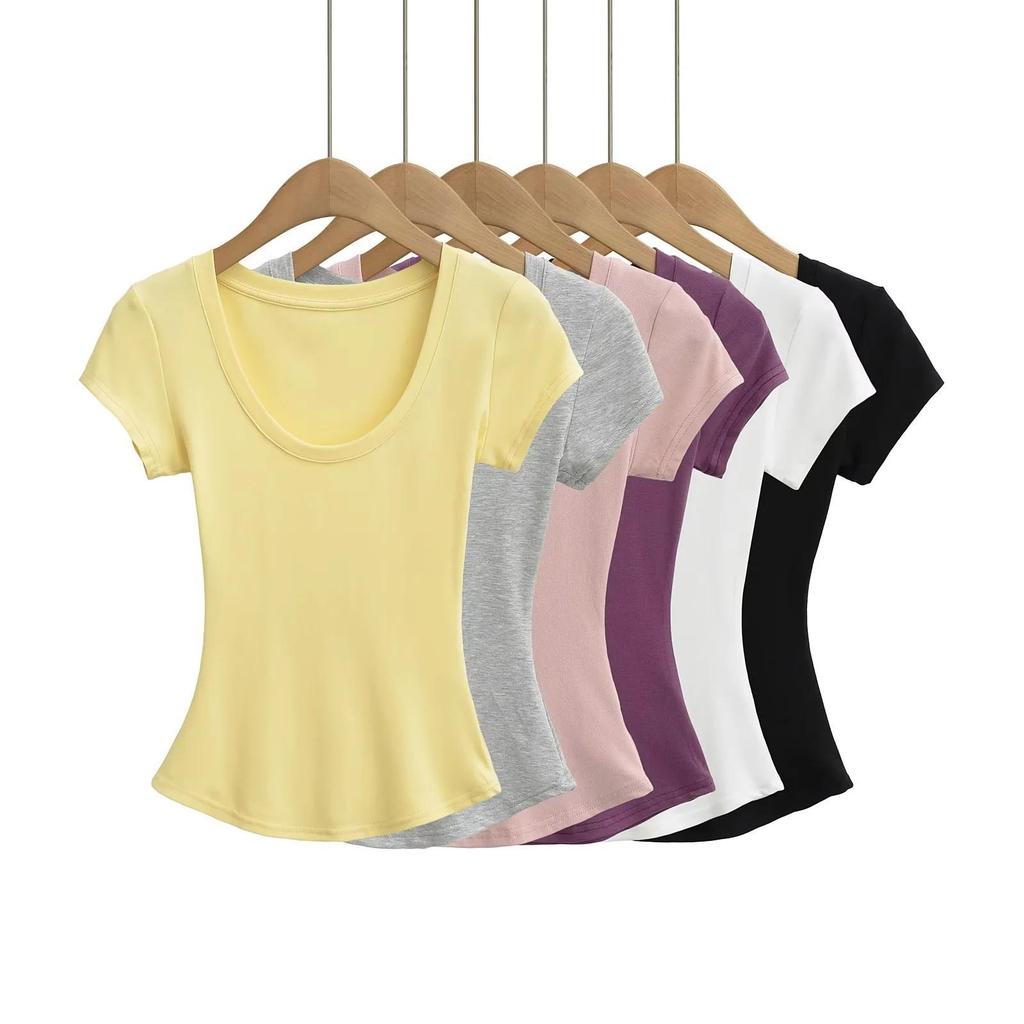 Summer Women's European & American Style Sexy U-Neck Slim Fit Short Sleeve T-Shirt