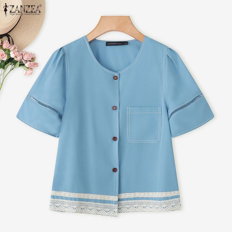 ZANZEA Damen Lässige Rundhals Sommer Kurzarm Spitze Patchwork Bluse