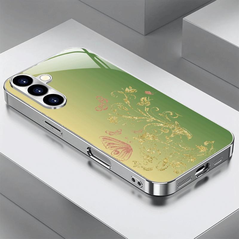 Fresh Yellow Green Gradient Butterfly Metallic Paint Glass Case for Samsung Galaxy Ultra Full Lens Anti-Scratch Shell
