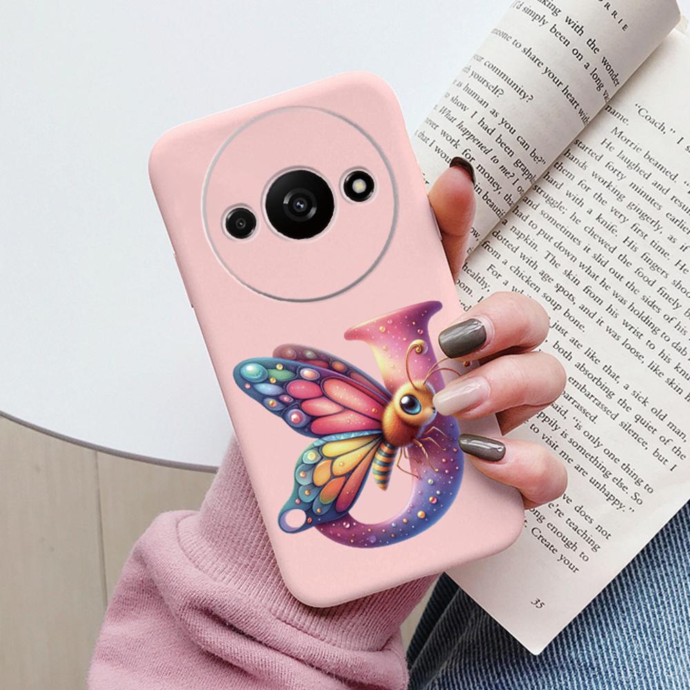 Handyhülle für Xiaomi Redmi A3 4G A3x Rosa Buchstabe Blume Schmetterling Stoßfest Weiches Silikon Cover Kameraschutz TPU Fundas
