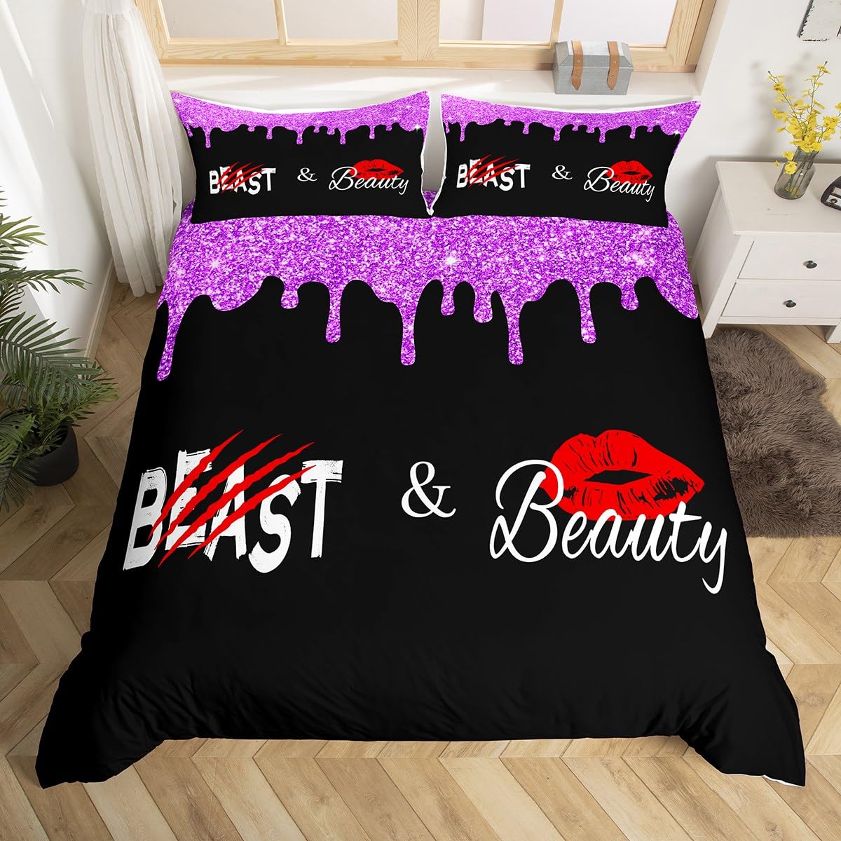 

Romantic Valentines Day Duvet Cover Her King And His Queen Bedding Set,Glitter Print Bed Set Lovers Mr And Mrs Comforter Cover EU Single(135x200cm)