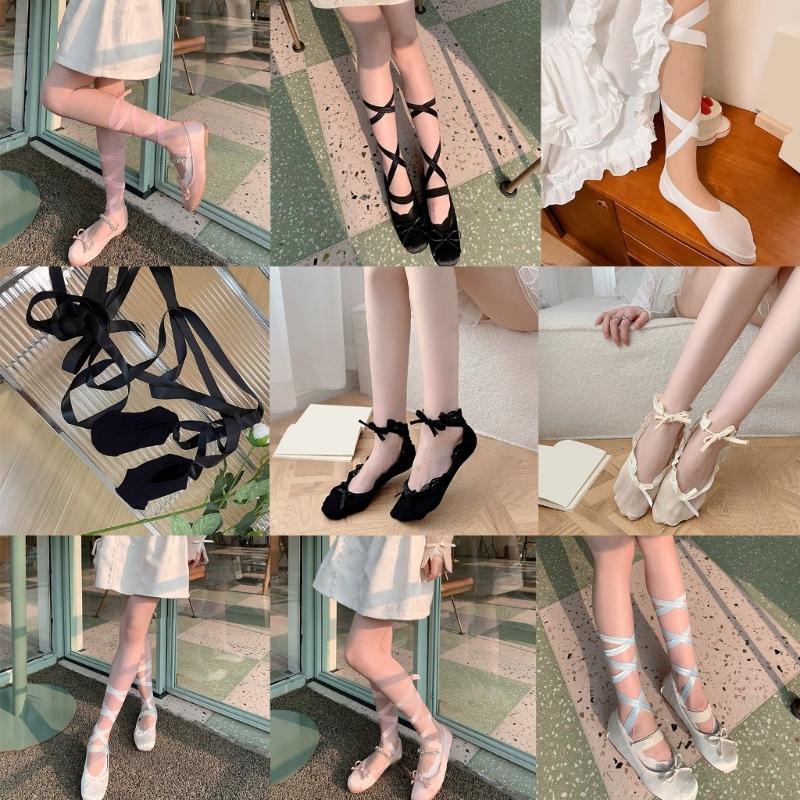 Women Crisscross Ribbon Bandages Low Cut Antislip Cotton Socks Japanese Style Dancing Party Solid Invisible Short Socks